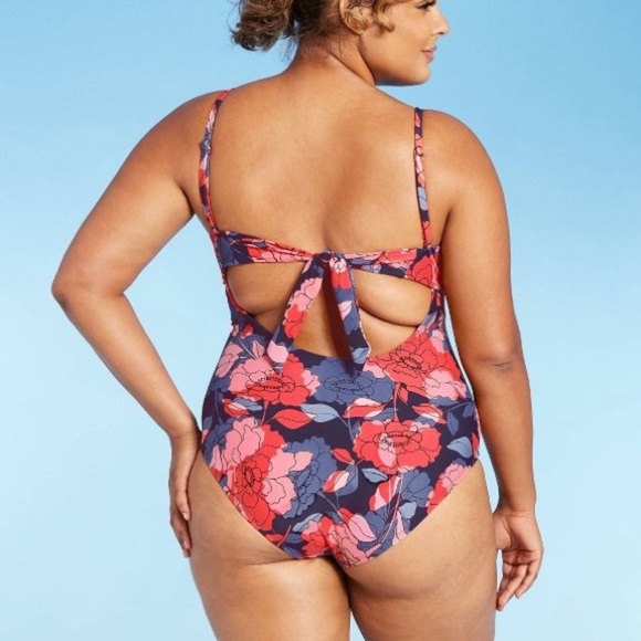 Navy and Coral Floral Convertible Strapless One Piece Swim suit - Picture 5 of 12